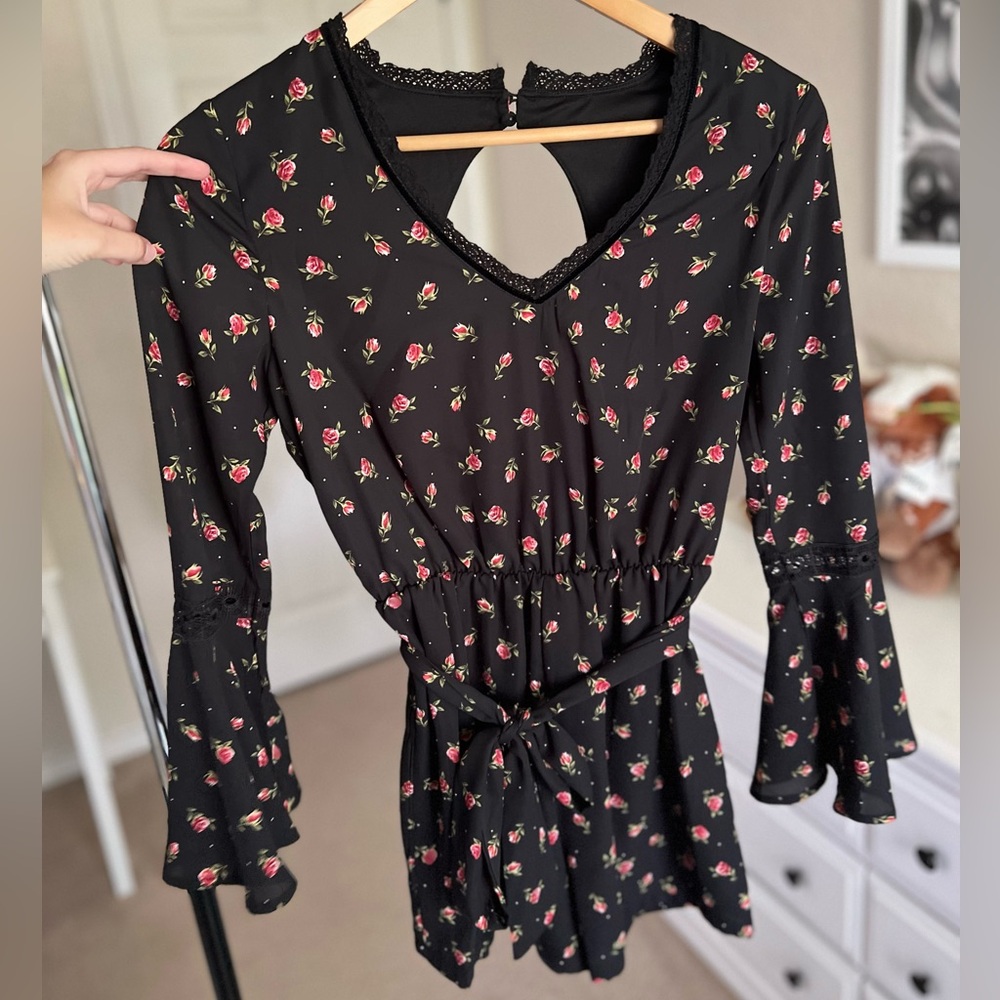 Black Floral Romper with Bell Sleeves